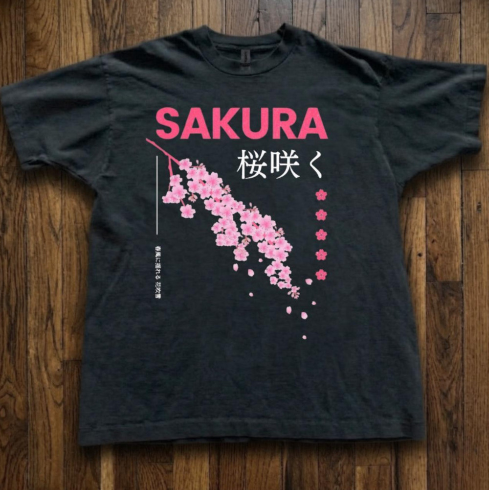 Black Sakura Tee With Pink Cherry Blossom Branch Graphic Tee